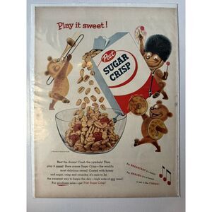 1955 Post Sugar Crisp Cereal Vintage Print Ad 10"x14" bears playing instruments